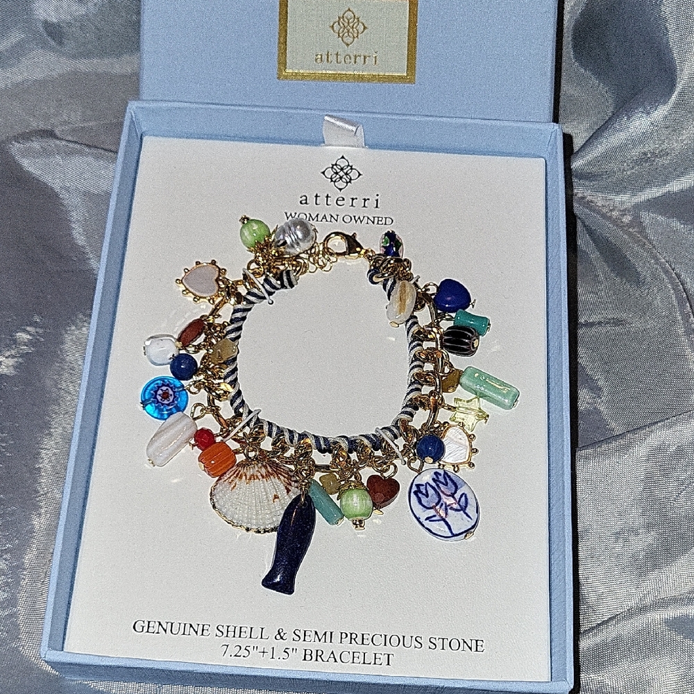 Atrerri Shell & Semi Preious Stone Multicolor Charm Bracelet Bnib HL Rt Tp M